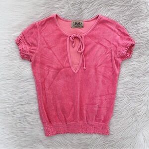 Juicy Couture Y2K Pink Terry Cloth Keyhole Front Tie Neck Short Sleeve Shirt 00s